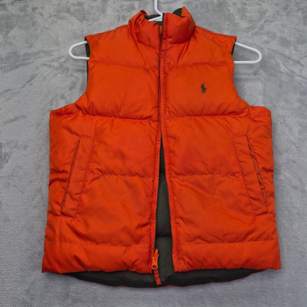 Polo Ralph Lauren Kids Reversible Down Puffer Vest Olive Orange Size S 8-10 - Picture 2 of 11